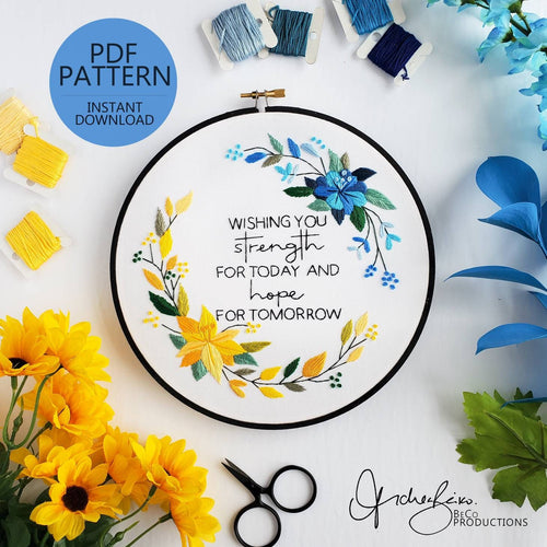 Blue and Yellow Floral Wreath - PDF Digital Download Embroidery Pattern & Guide