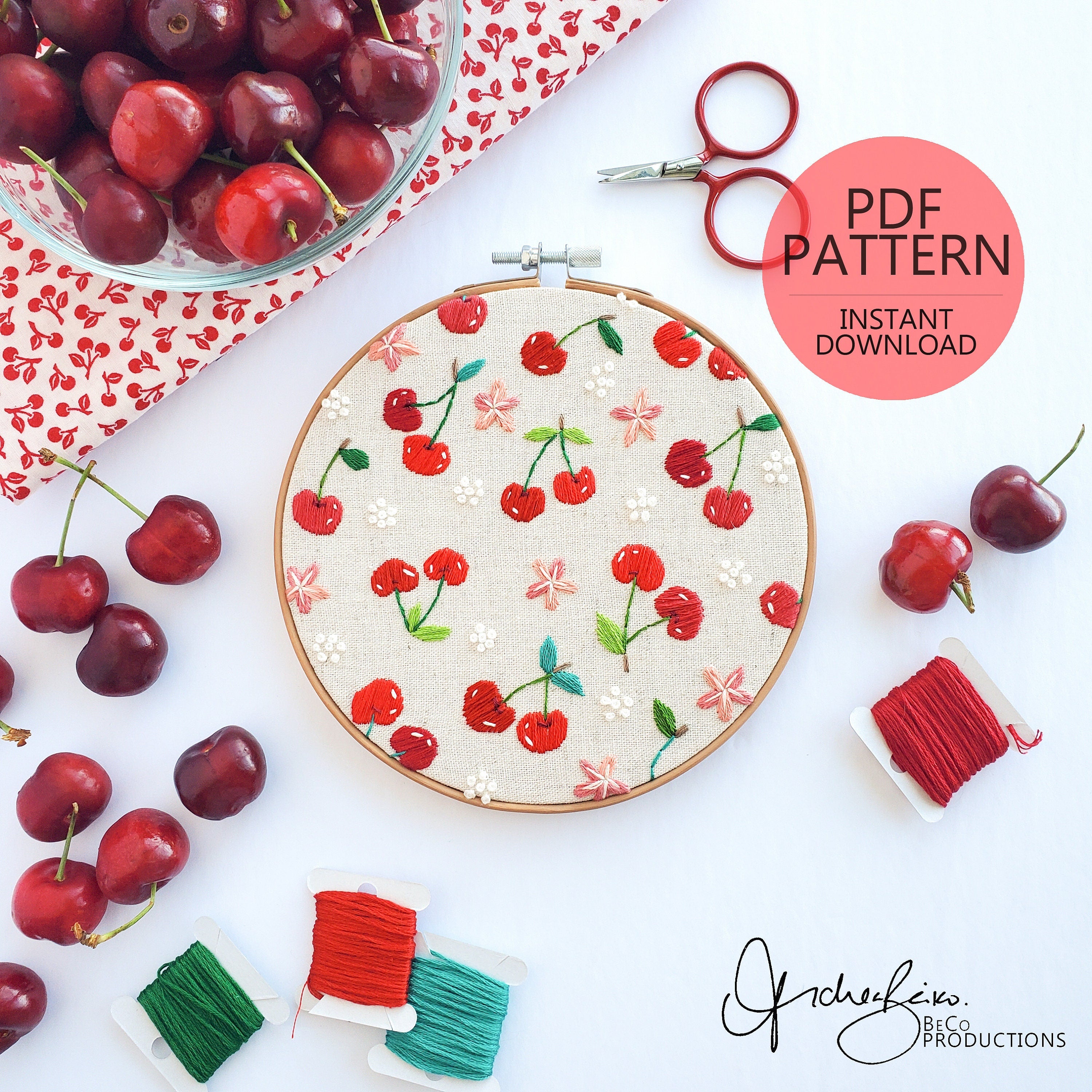 Cherry Life Cycle Print - PDF DIgital Download Embroidery Pattern & Guide
