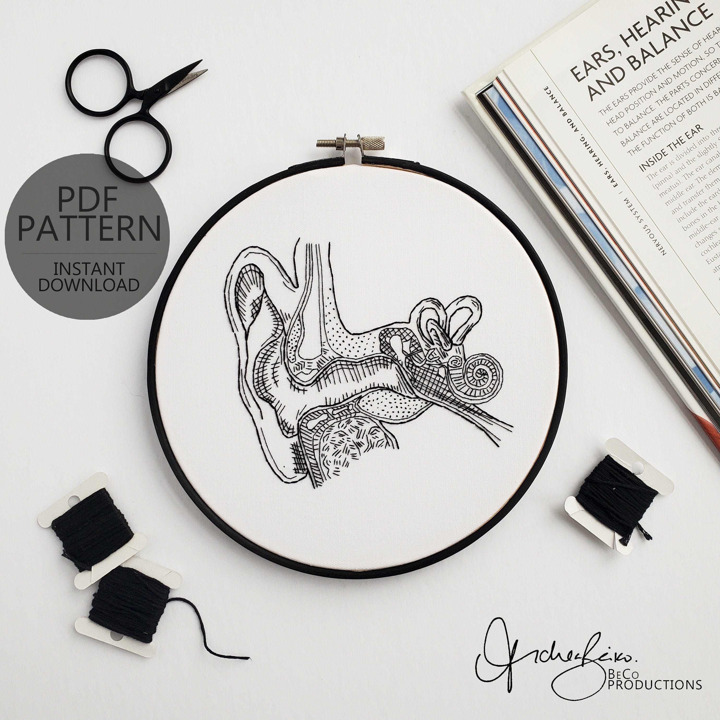 Ear and Inner Ear Anatomy - PDF Digital Download Embroidery Pattern & Guide