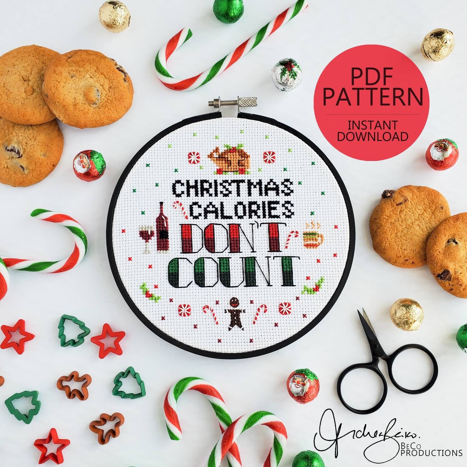 Christmas Calories Don't Count - PDF Digital Download Cross Stitch Pattern & Guide
