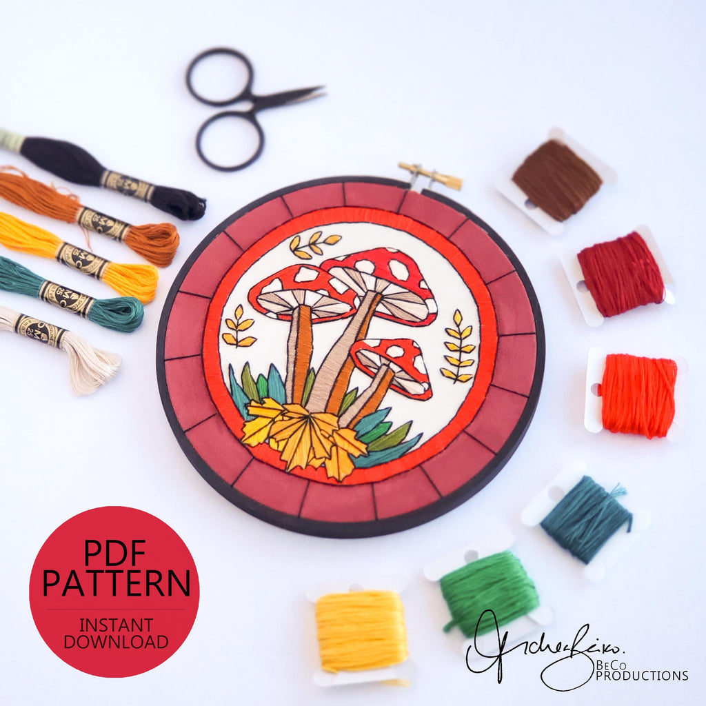 NOVEMBER Monthly Series Stained Glass Mushrooms - PDF Digital Download Embroidery Pattern & Guide