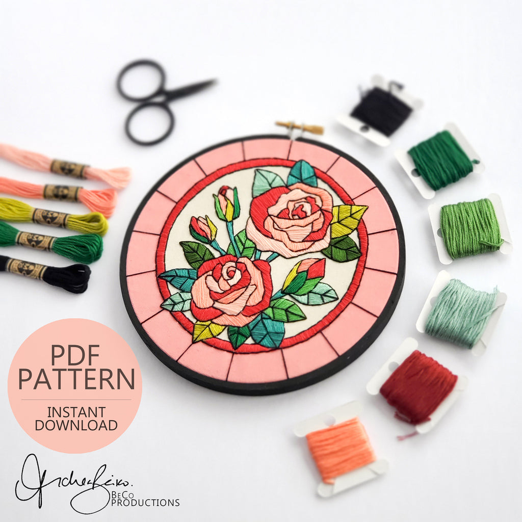 FEBRUARY Monthly Series Stained Glass Roses- PDF Digital Download Embroidery Pattern & Guide