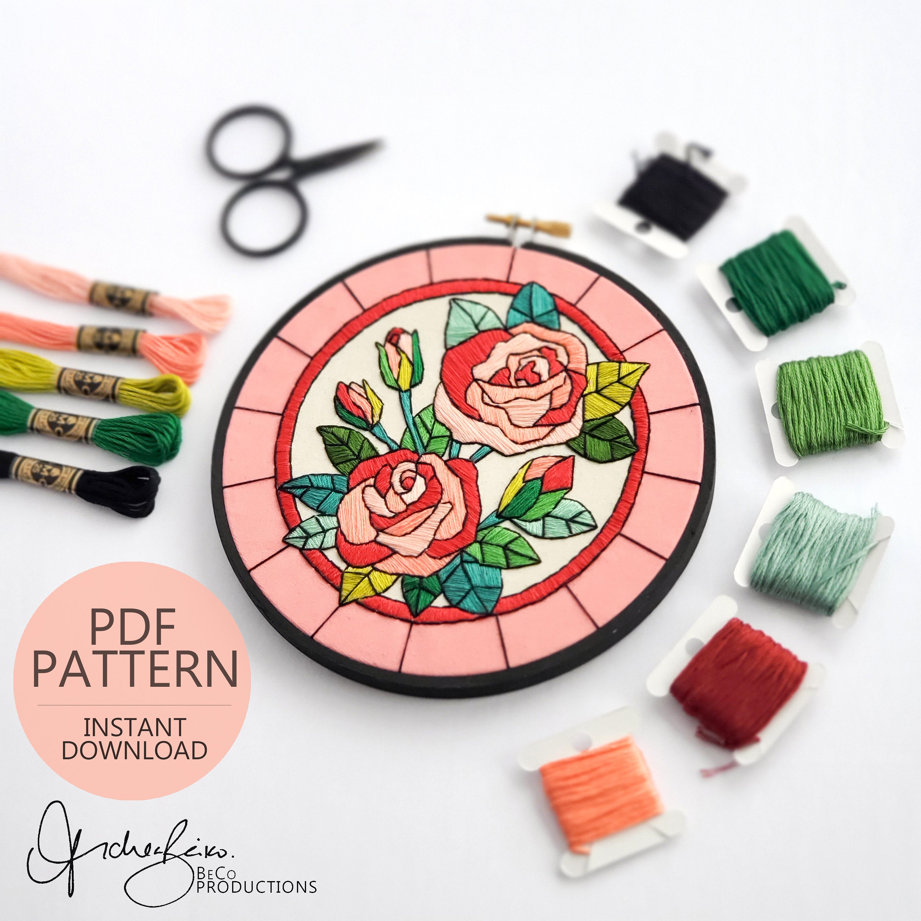 FEBRUARY Monthly Series Stained Glass Roses- PDF Digital Download Embroidery Pattern & Guide