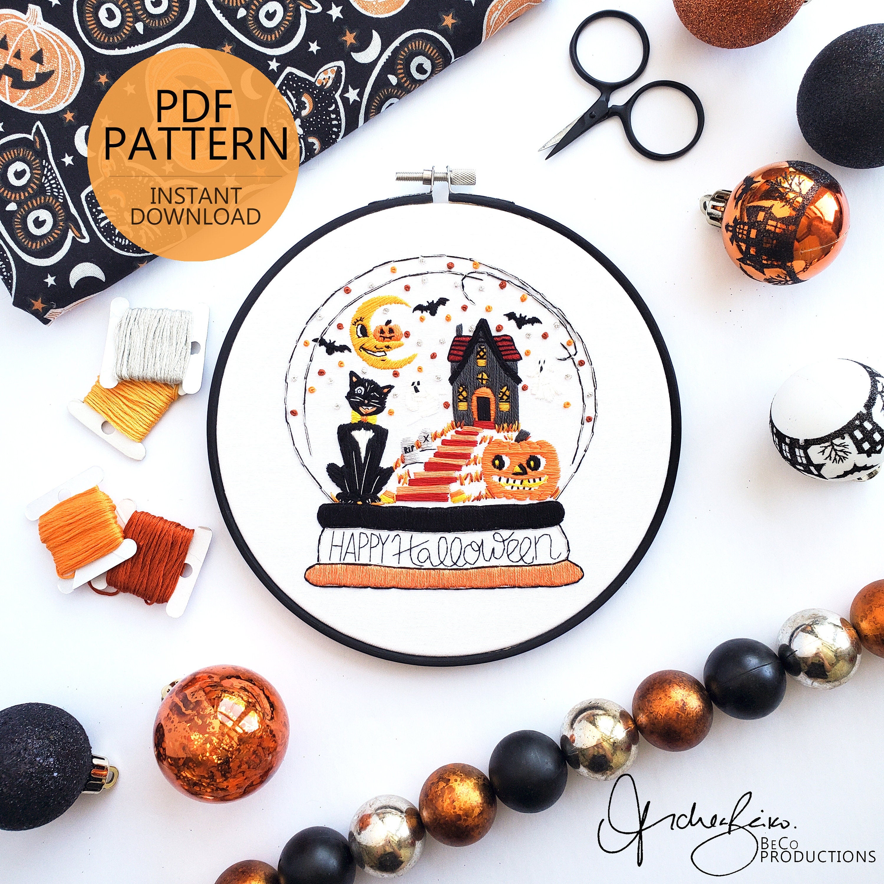 Retro Halloween Snow Globe - PDF Digital Download Embroidery Pattern & Guide
