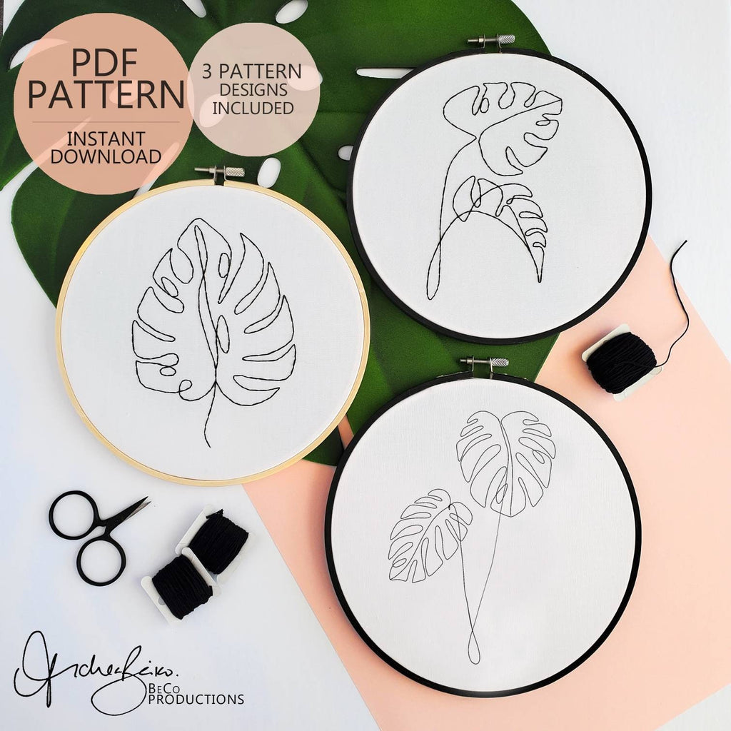 Monstera Leaf Line Drawing - PDF Digital Download Embroidery Pattern & Guide