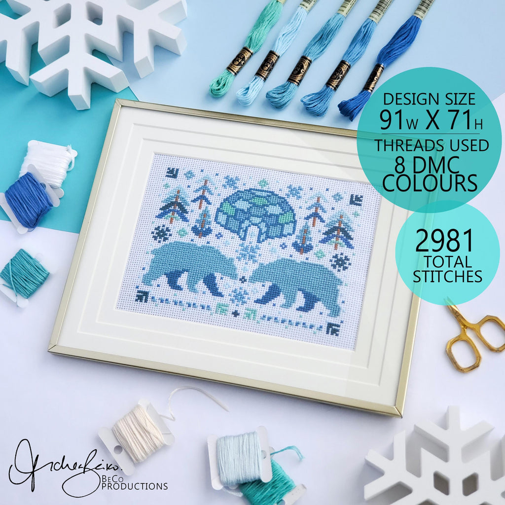 Winter Polar Bear Folk Art Scene - PDF Digital Download Cross Stitch Pattern & Guide