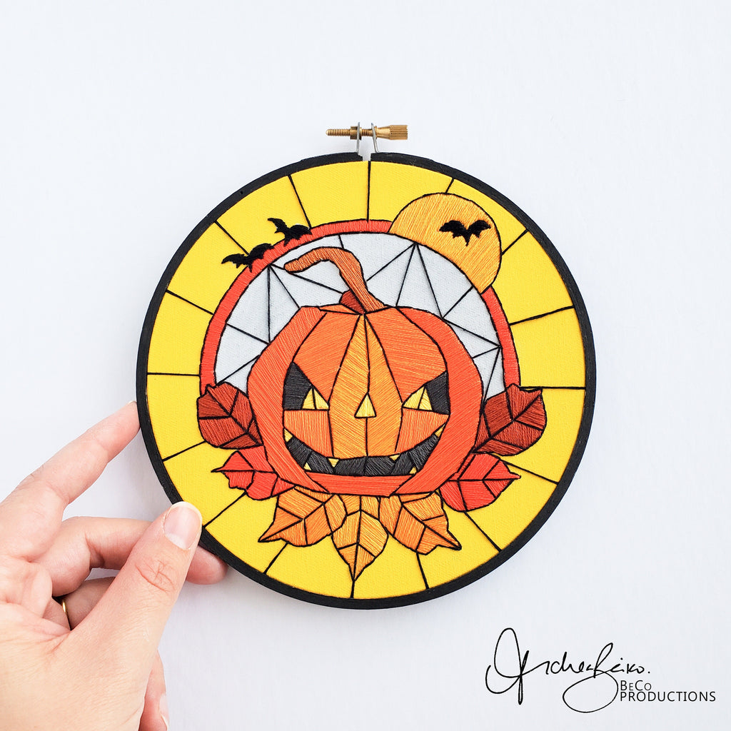 Stained Glass Halloween Jack-o-lantern - PDF Digital Download Embroidery Pattern & Guide