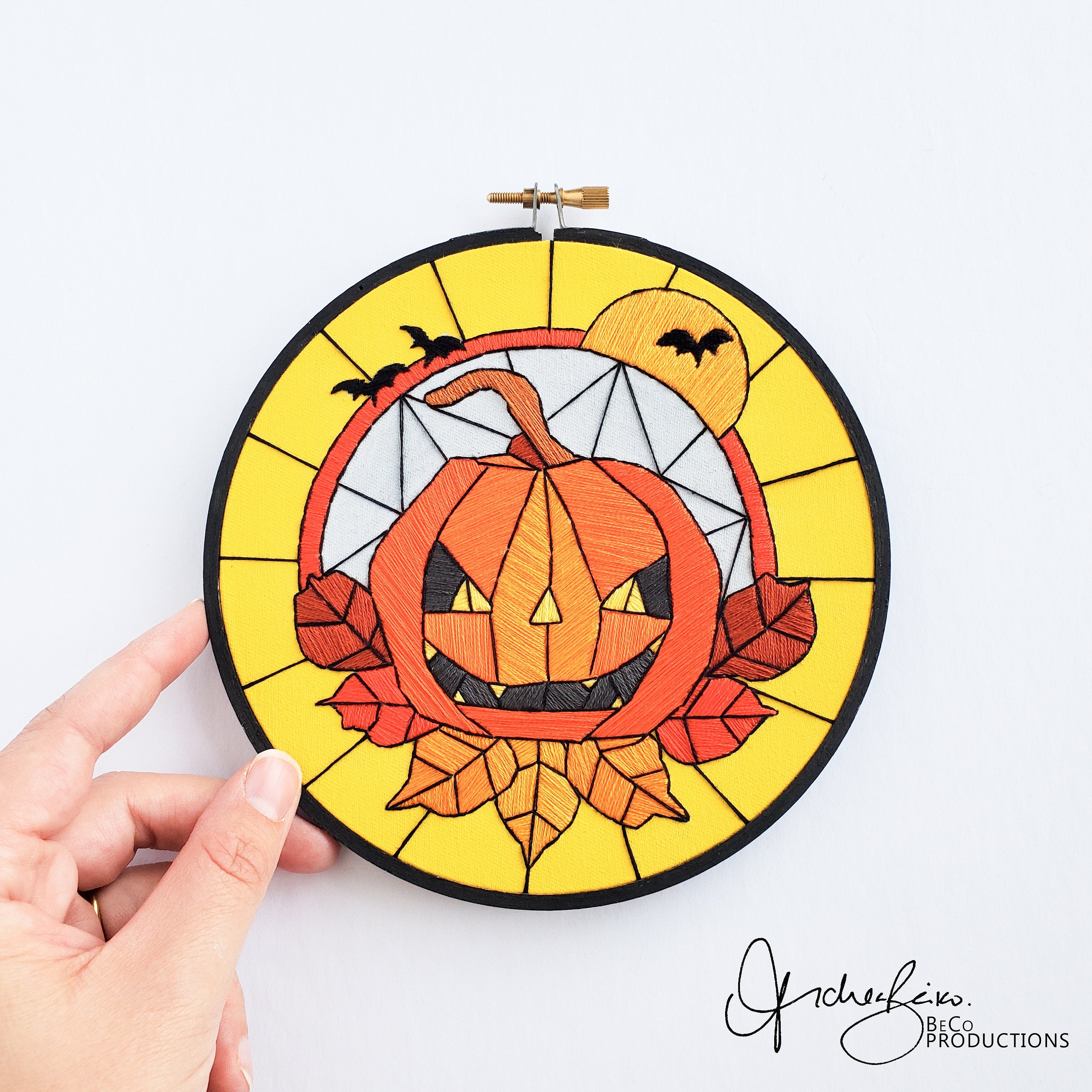 Stained Glass Halloween Jack-o-lantern - PDF Digital Download Embroidery Pattern & Guide