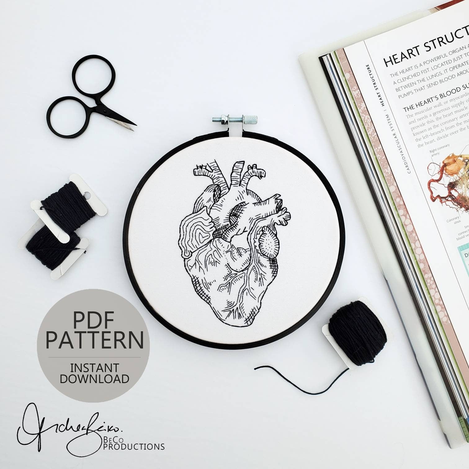 Heart Anatomy - PDF Digital Download Embroidery Pattern & Guide