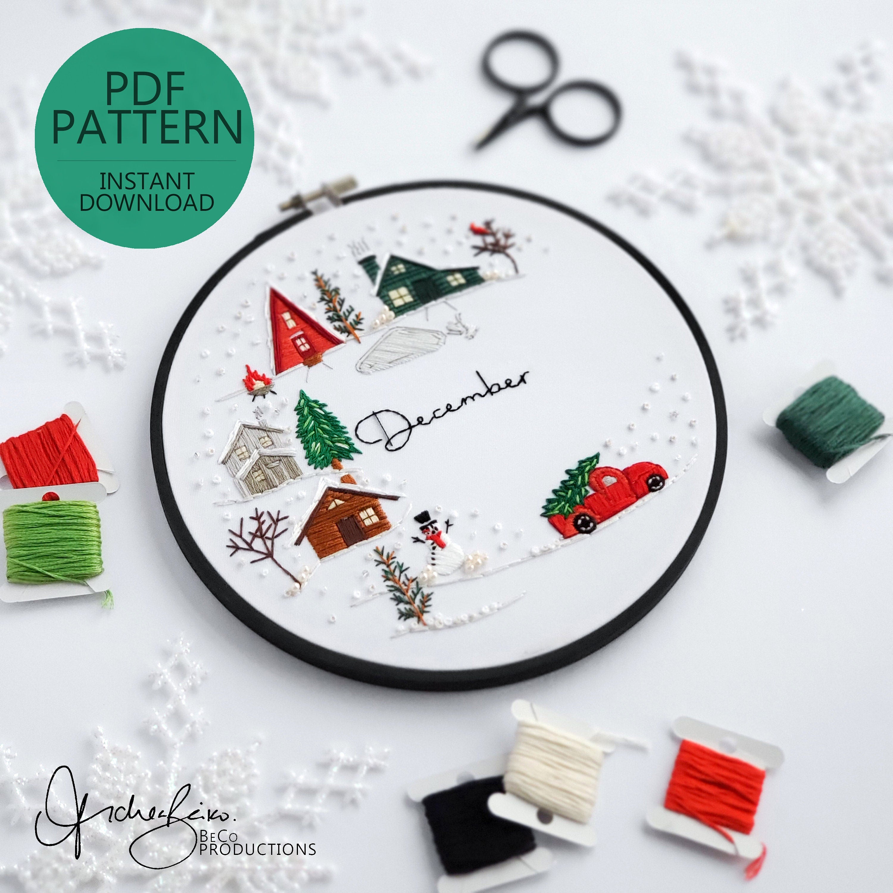 DECEMBER Monthly Series Wreath - PDF Digital Download Embroidery Pattern & Guide