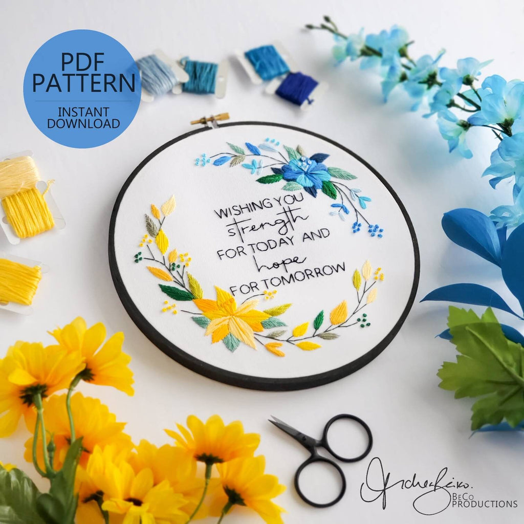 Blue and Yellow Floral Wreath - PDF Digital Download Embroidery Pattern & Guide