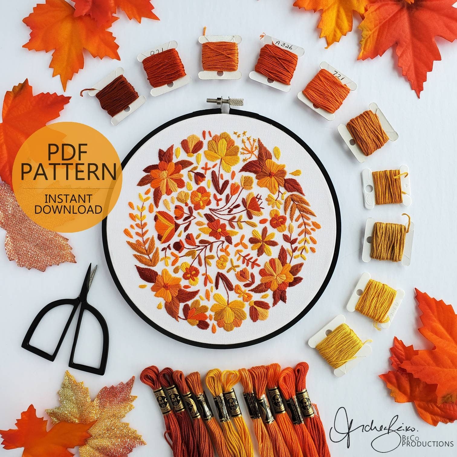 Orange Full Floral - PDF Digital Download Embroidery Pattern & Guide