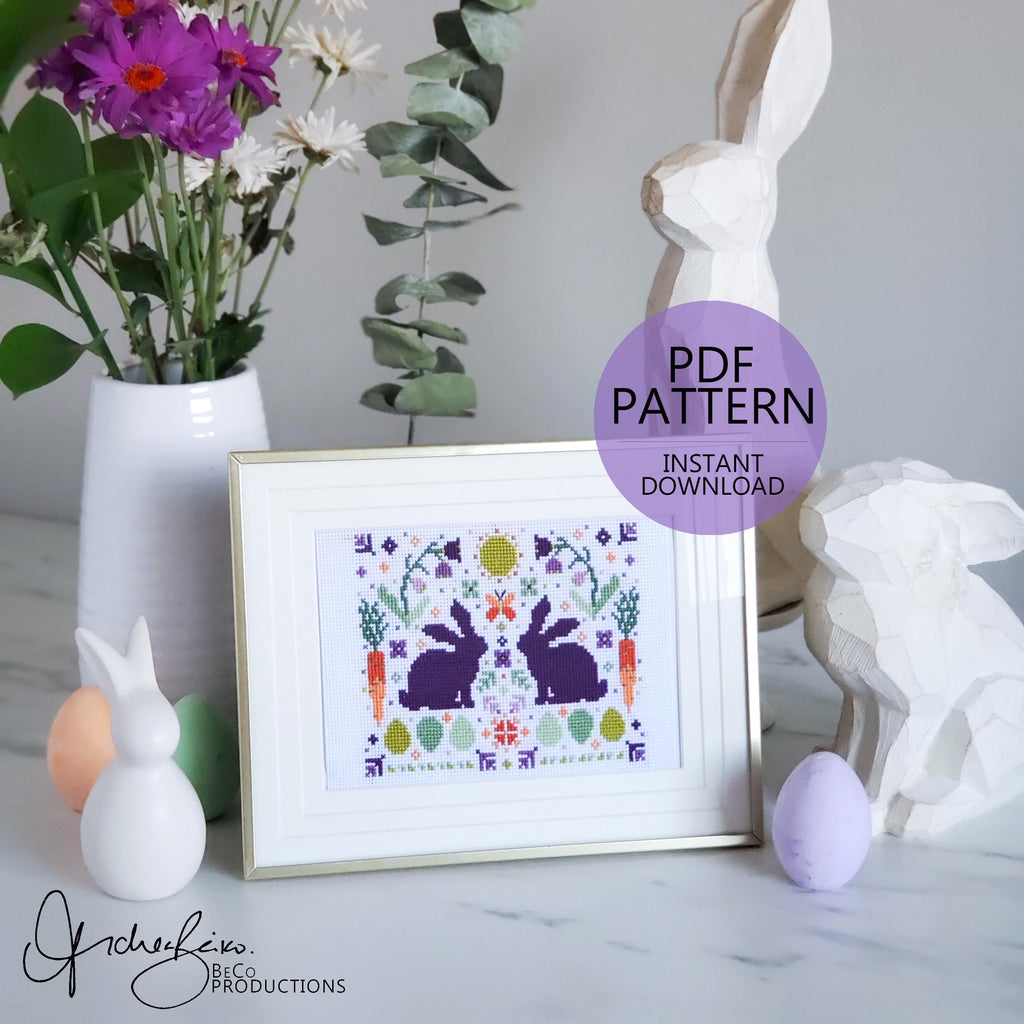 Spring Rabbit Folk Art Scene - PDF Digital Download Cross Stitch Pattern & Guide
