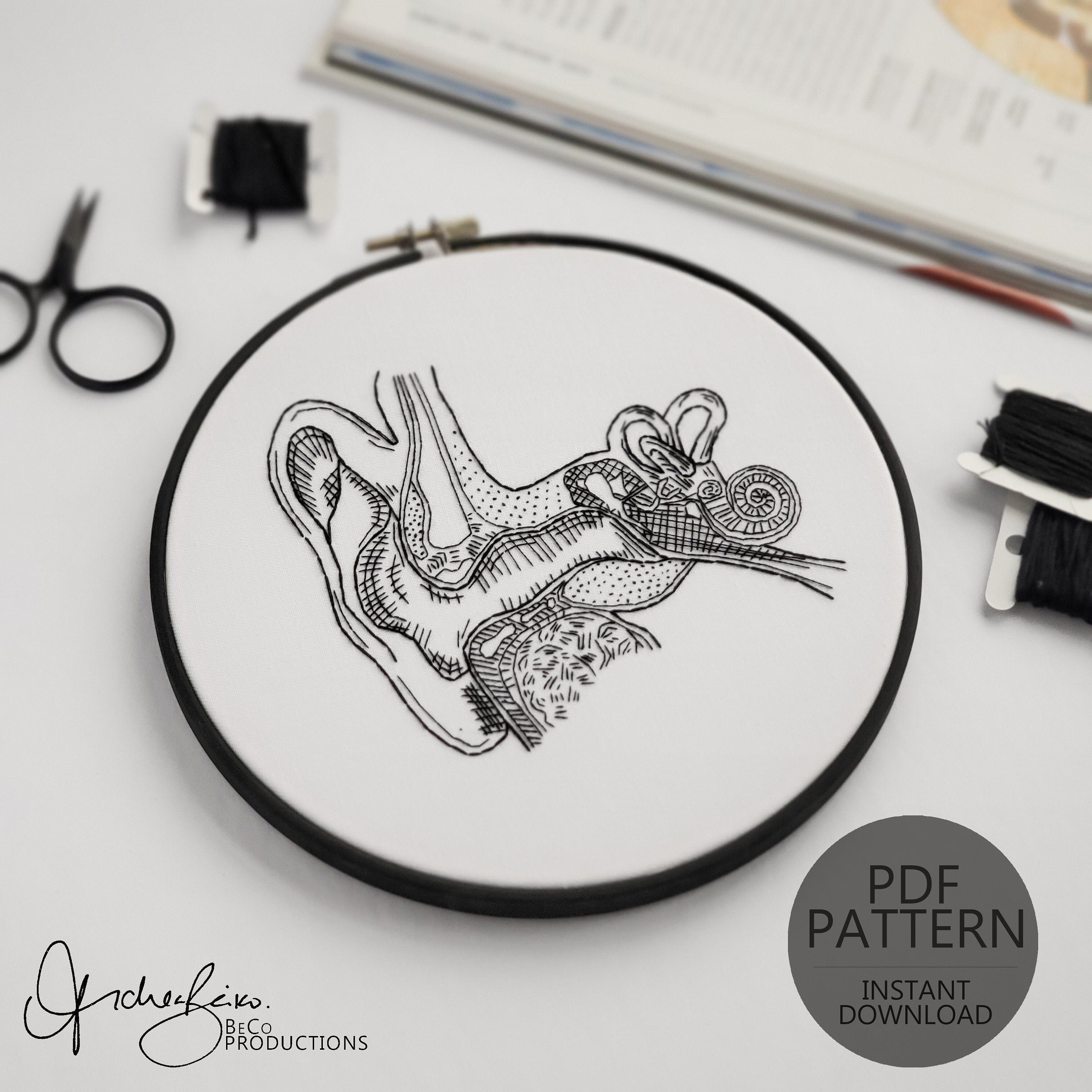Ear and Inner Ear Anatomy - PDF Digital Download Embroidery Pattern & Guide