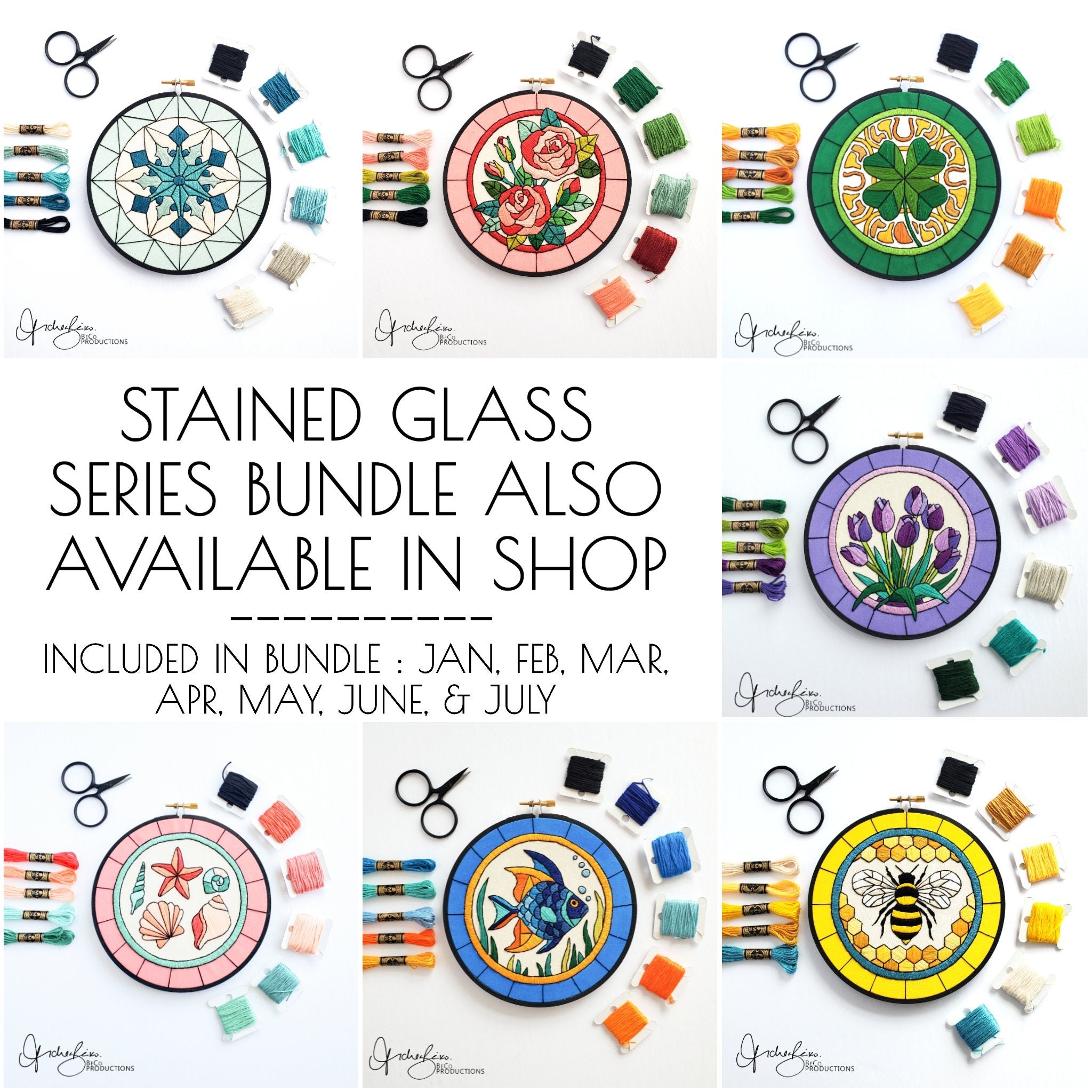 APRIL Monthly Series Stained Glass Tulips - PDF Digital Download Embroidery Pattern & Guide