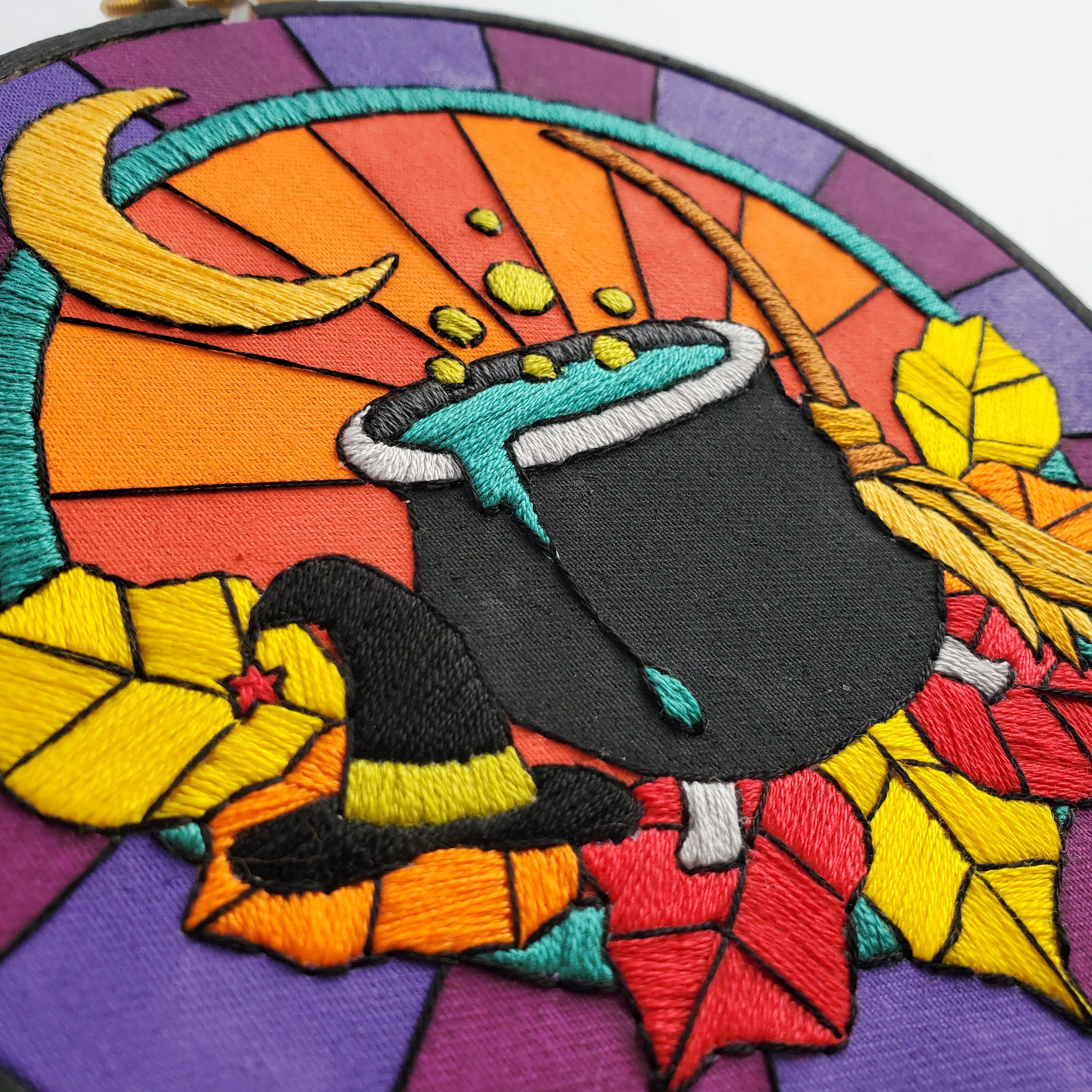 Stained Glass Halloween Witches Cauldron - PDF Digital Download Embroidery Pattern & Guide