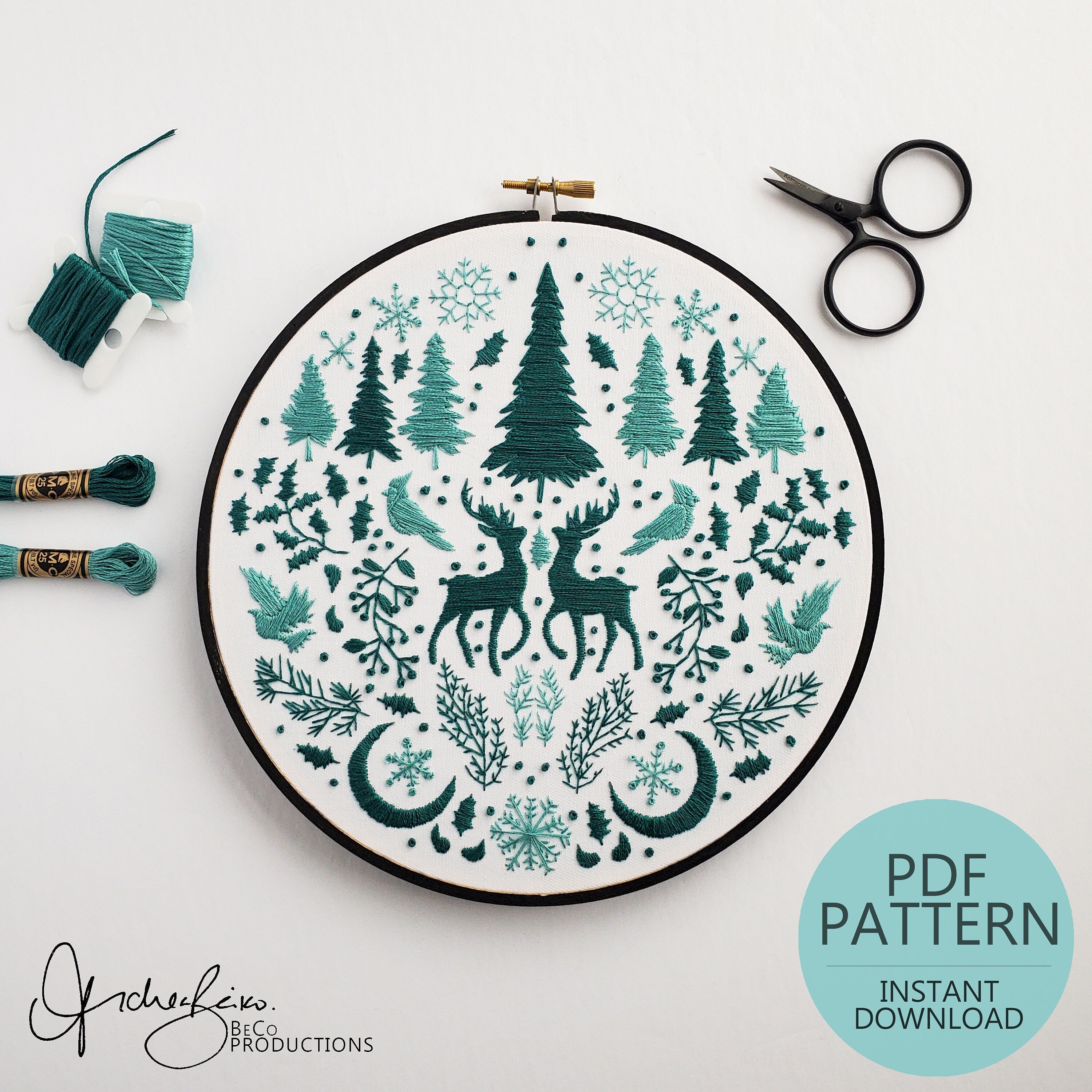 JANUARY Monthly Monochromatic Folk Art Inspired Series - PDF Digital Download Embroidery Pattern & Guide