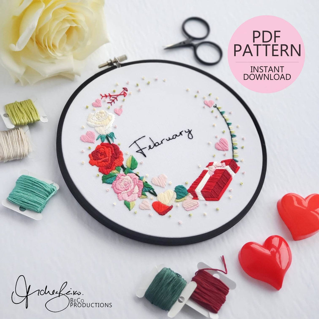 FEBRUARY Monthly Series Wreath - PDF Digital Download Embroidery Pattern & Guide