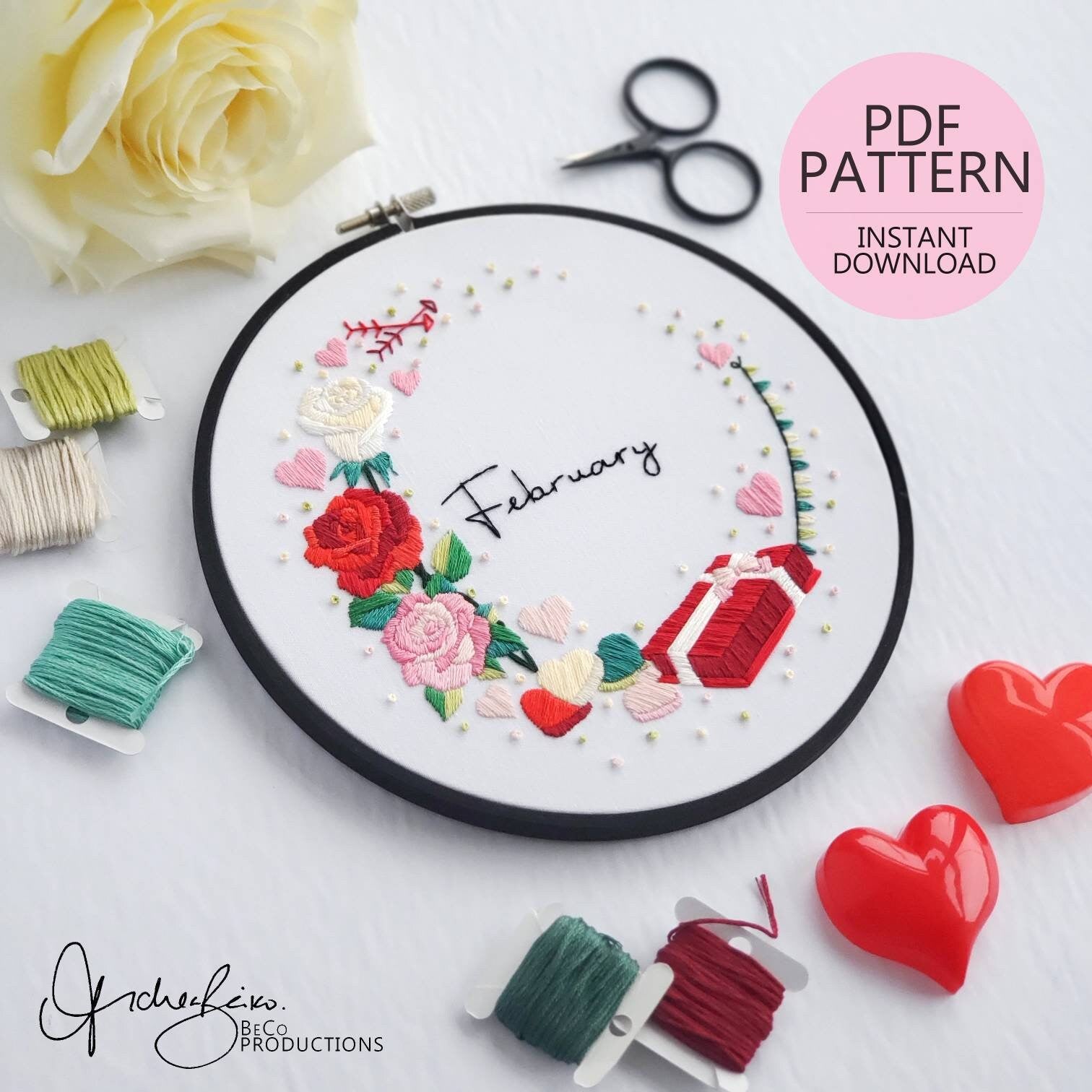 FEBRUARY Monthly Series Wreath - PDF Digital Download Embroidery Pattern & Guide