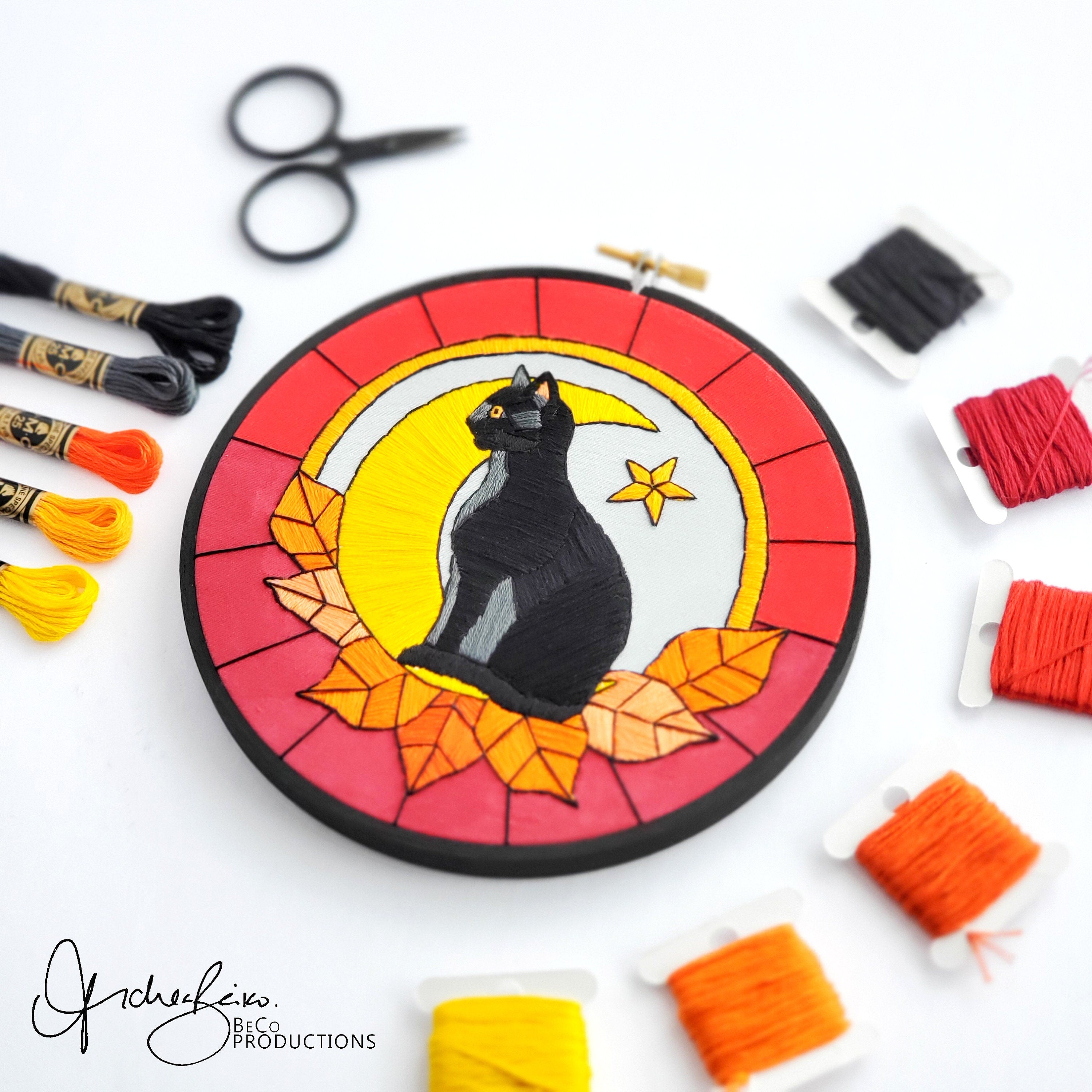 Stained Glass Halloween Black Cat - PDF Digital Download Embroidery Pattern & Guide