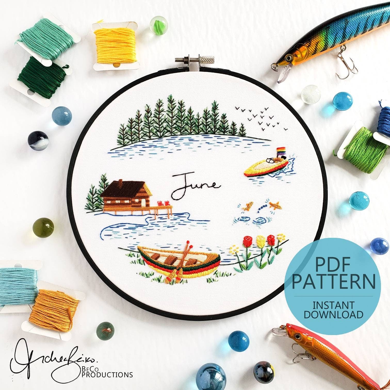 JUNE Monthly Series Wreath - PDF Digital Download Embroidery Pattern & Guide