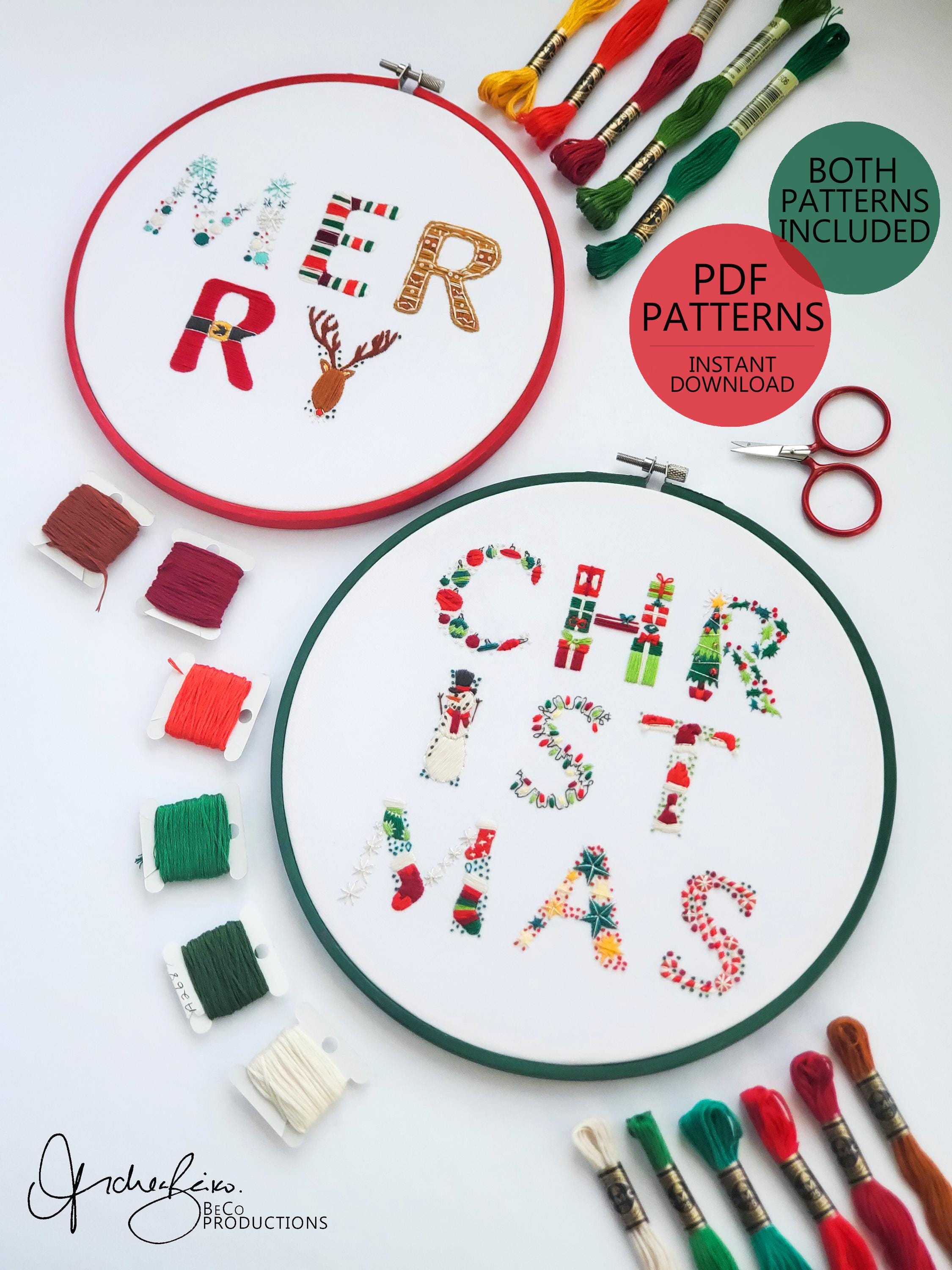 Merry Christmas Text Bundle - PDF Digital Download Embroidery Pattern & Guide
