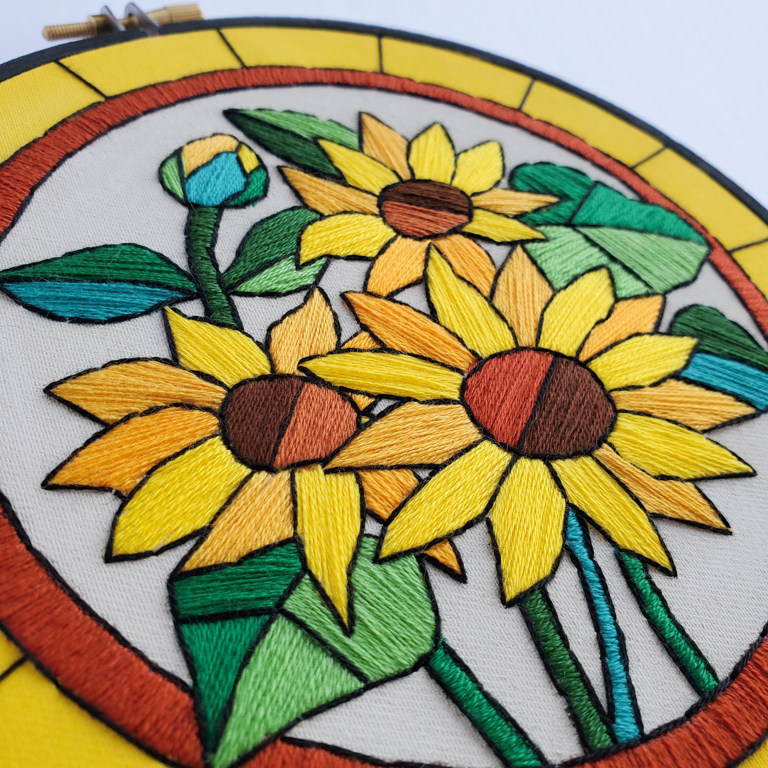 AUGUST Monthly Series Stained Glass Sunflowers- PDF Digital Download Embroidery Pattern & Guide