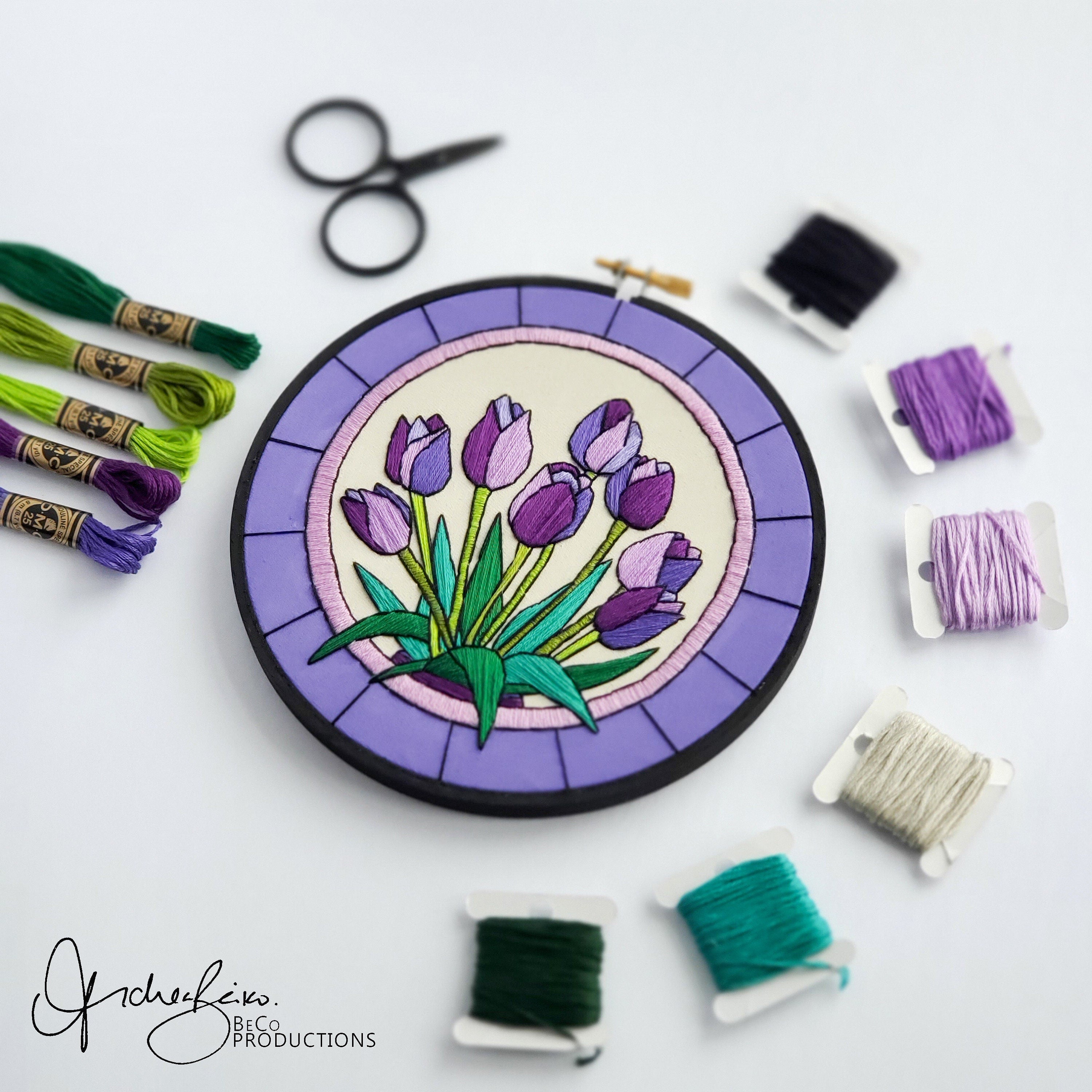 APRIL Monthly Series Stained Glass Tulips - PDF Digital Download Embroidery Pattern & Guide