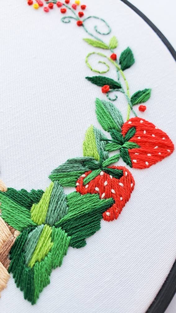 Strawberry Floral Wreath - PDF Digital Download Embroidery Pattern & Guide