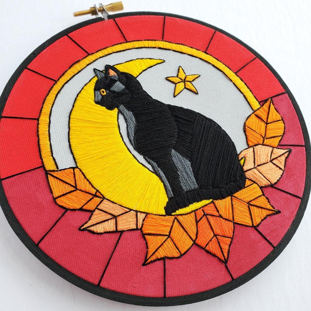 Stained Glass Halloween Black Cat - PDF Digital Download Embroidery Pattern & Guide