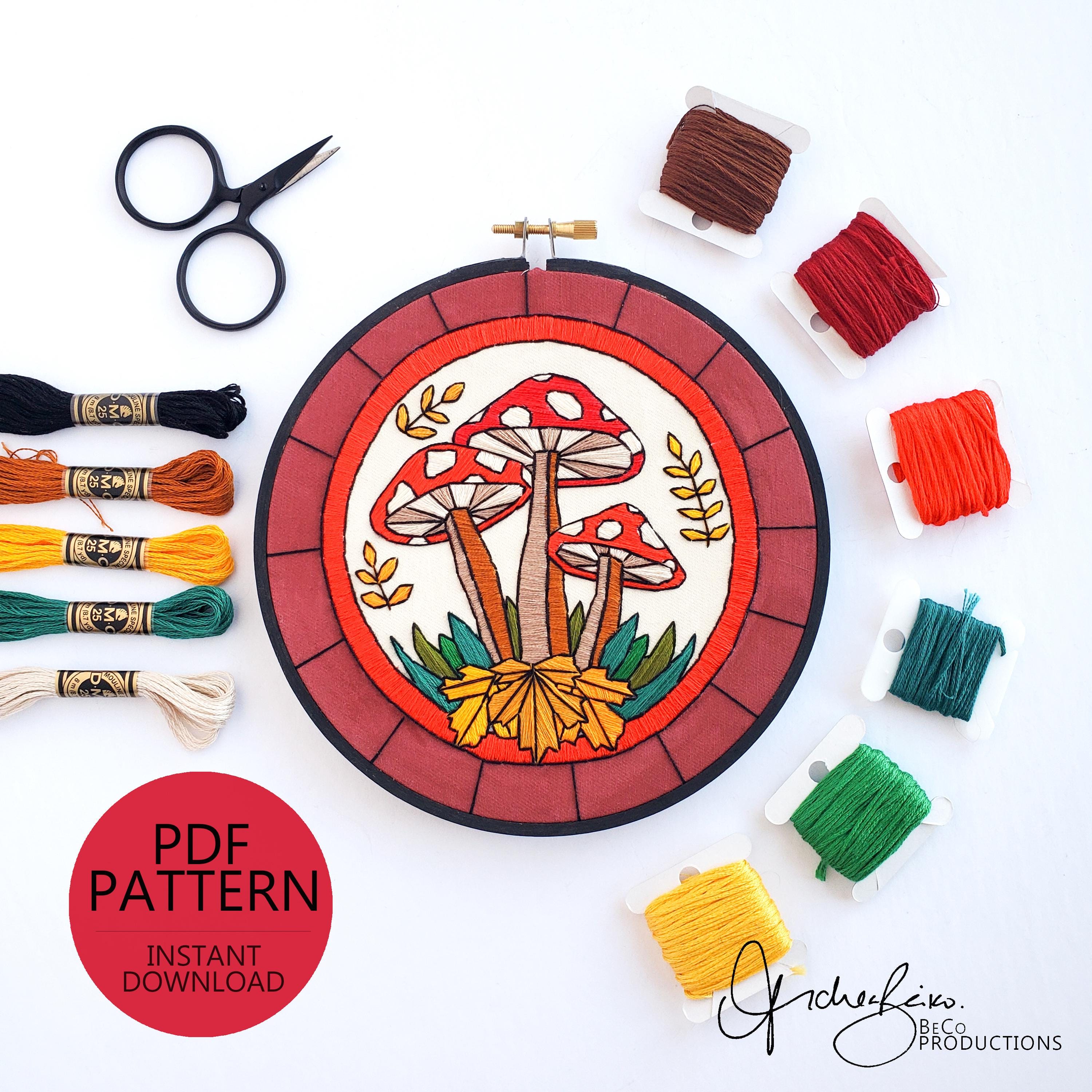 NOVEMBER Monthly Series Stained Glass Mushrooms - PDF Digital Download Embroidery Pattern & Guide