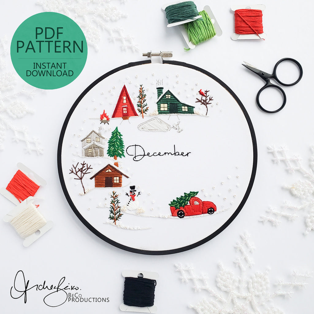 DECEMBER Monthly Series Wreath - PDF Digital Download Embroidery Pattern & Guide