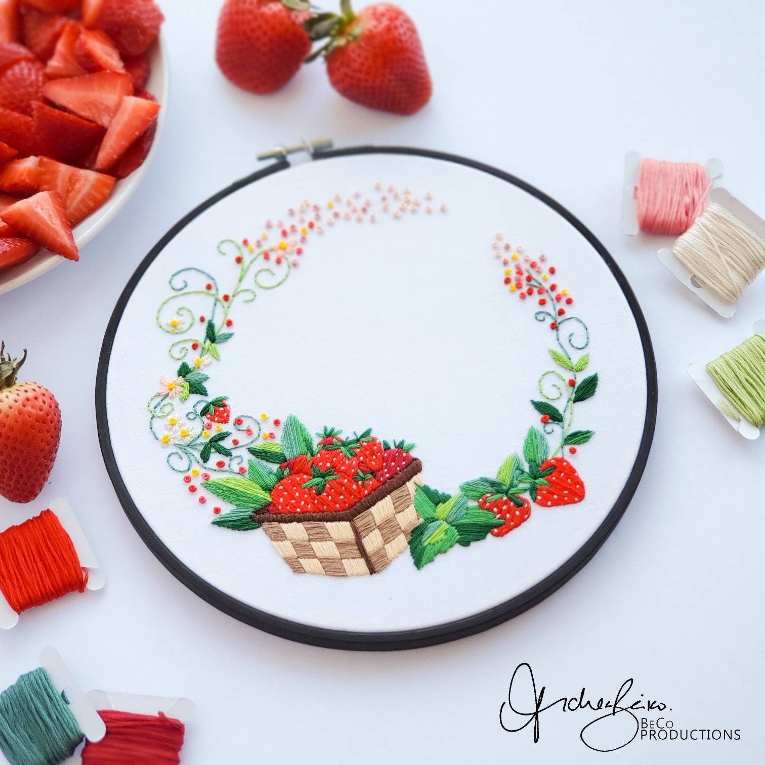 Strawberry Floral Wreath - PDF Digital Download Embroidery Pattern & Guide