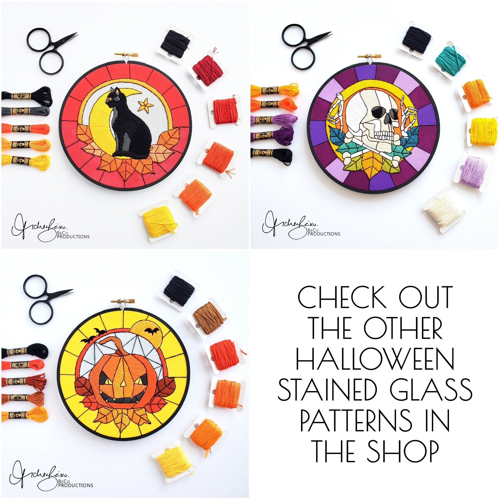 Stained Glass Halloween Black Cat - PDF Digital Download Embroidery Pattern & Guide