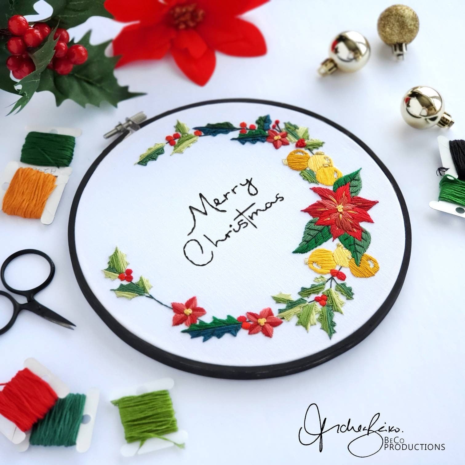Holiday Poinsettia Wreath - PDF Digital Download Embroidery Pattern & Guide