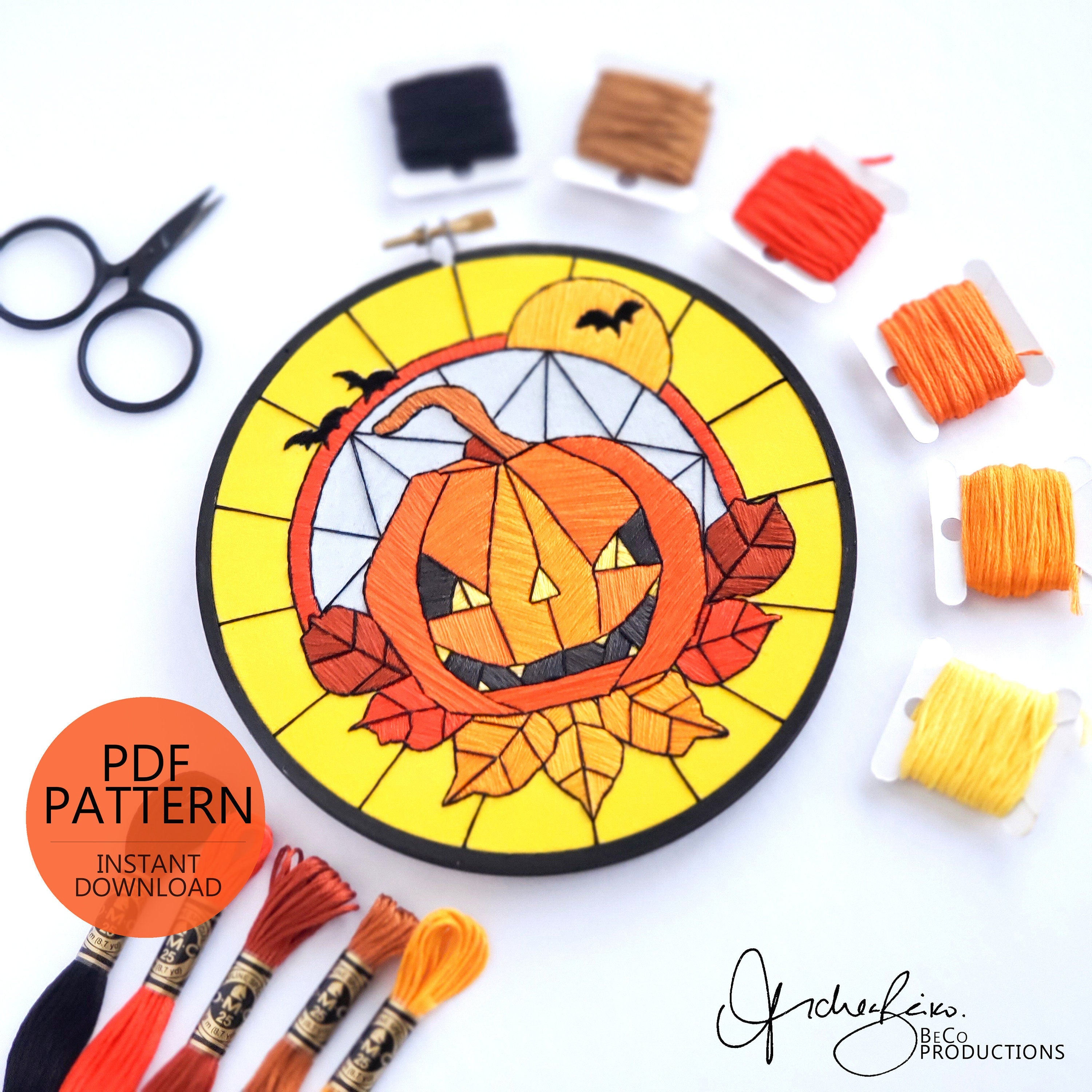 Stained Glass Halloween Jack-o-lantern - PDF Digital Download Embroidery Pattern & Guide
