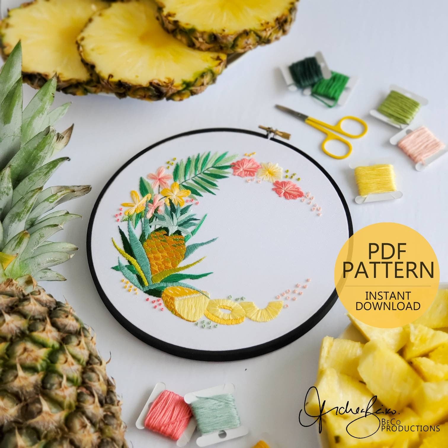 Pineapple Floral Wreath - PDF Digital Download Embroidery Pattern & Guide