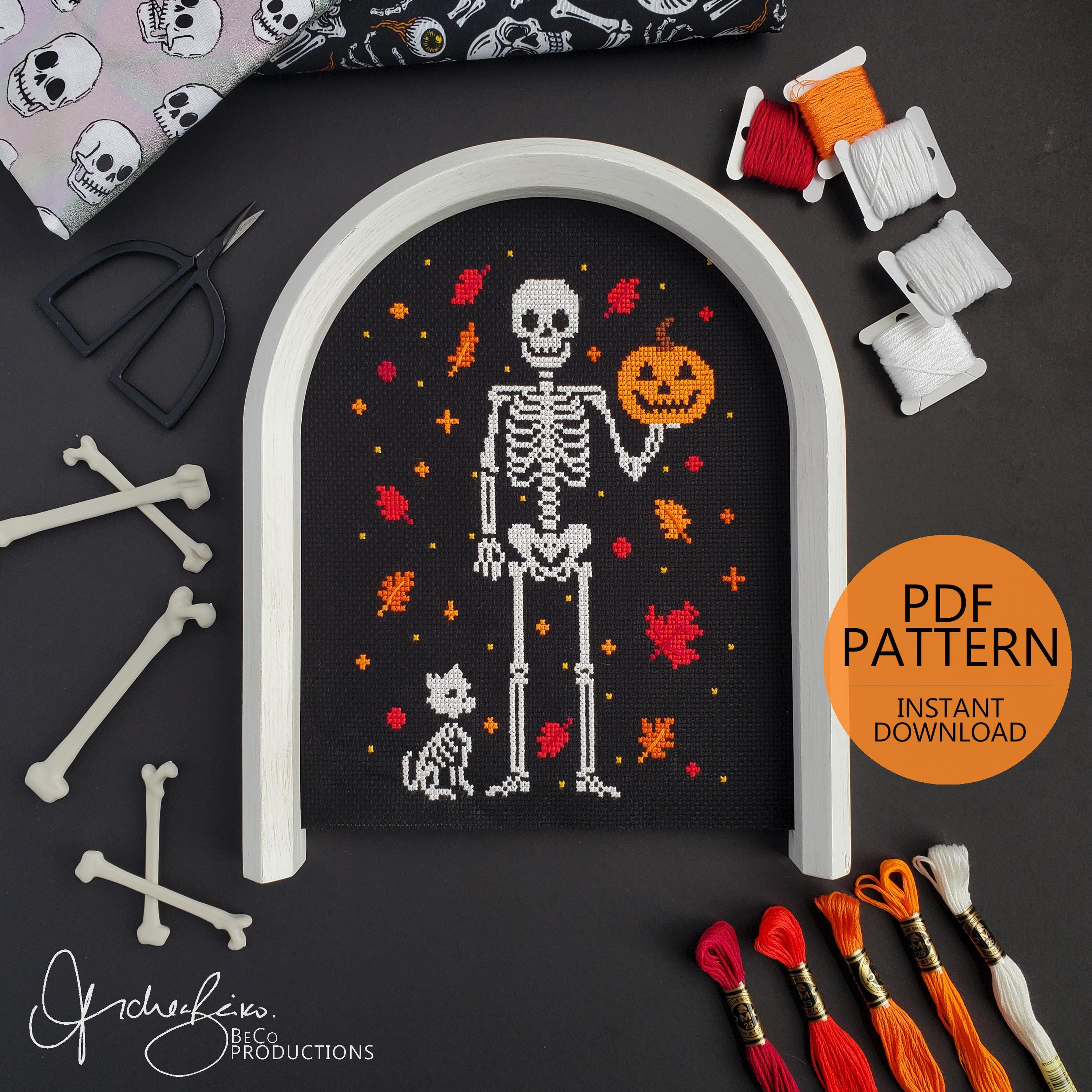 Skeleton Pumpkin Skeleton - PDF Digital Download Cross Stitch Pattern & Guide