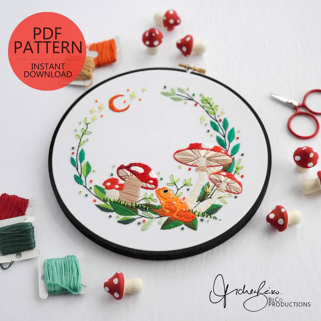 Mushroom & Frog Wreath - PDF Digital Download Embroidery Pattern & Guide