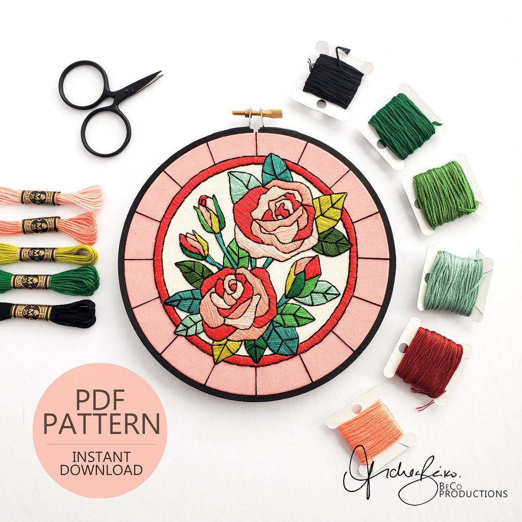 FEBRUARY Monthly Series Stained Glass Roses- PDF Digital Download Embroidery Pattern & Guide