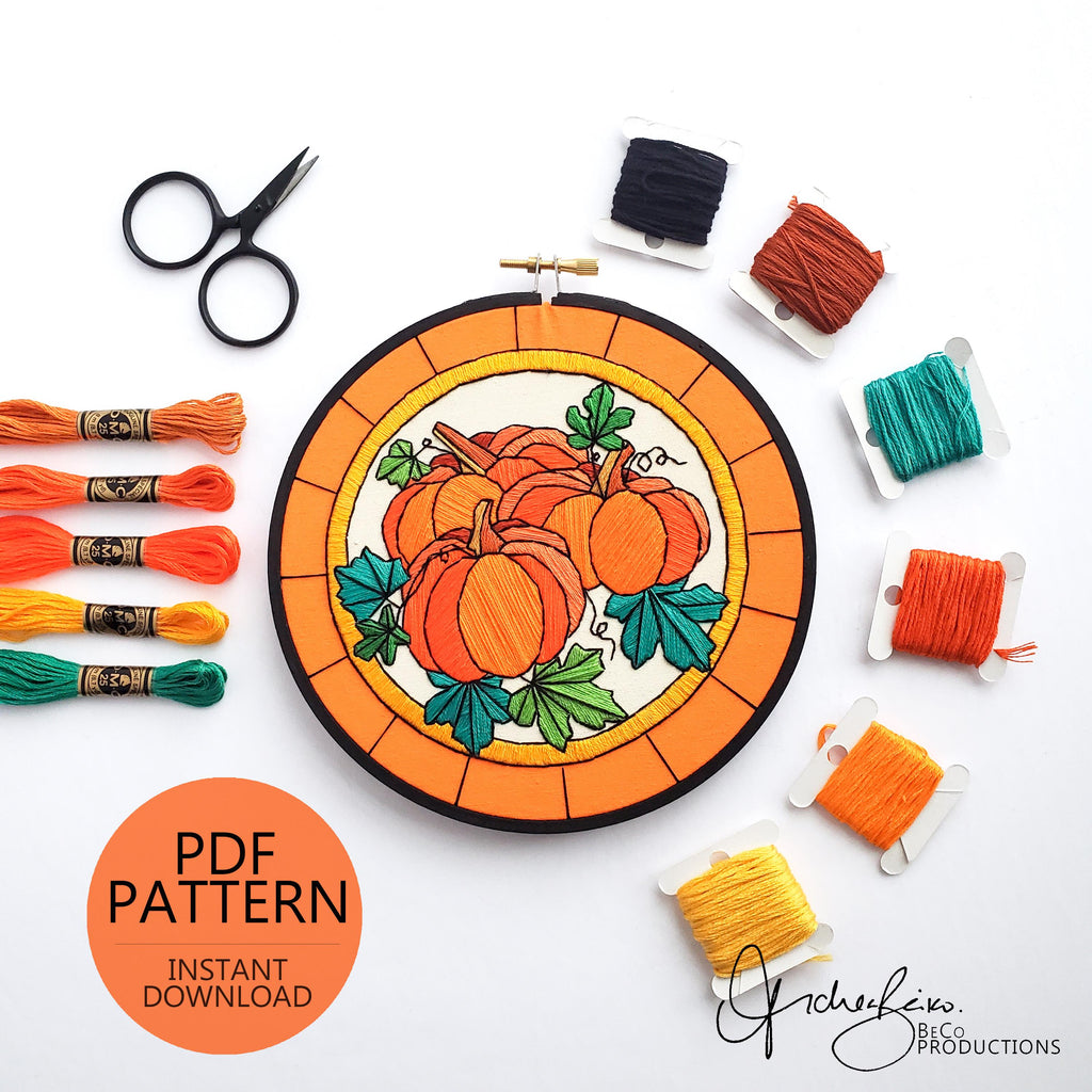 OCTOBER Monthly Series Stained Glass Pumpkins - PDF Digital Download Embroidery Pattern & Guide