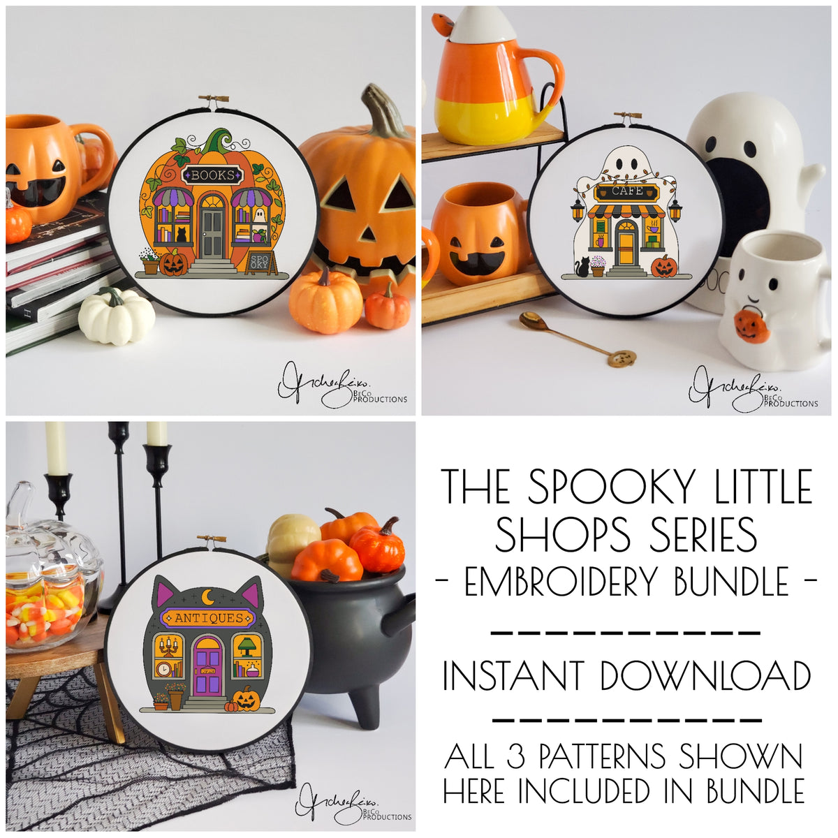 Spooky Little Shop Embroidery Series - 3 Pattern BUNDLE - Halloween Store Fronts Hand Embroidery PDF Digital Download Patterns & Guide