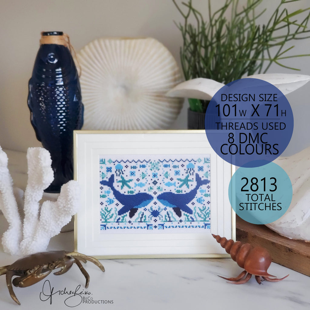 Summer Whale Folk Art Scene - PDF Digital Download Cross Stitch Pattern & Guide