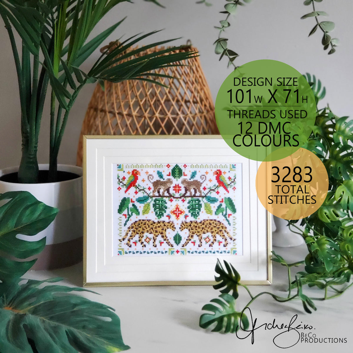 Jungle Leopard Folk Art Scene - PDF Digital Download Cross Stitch Pattern & Guide