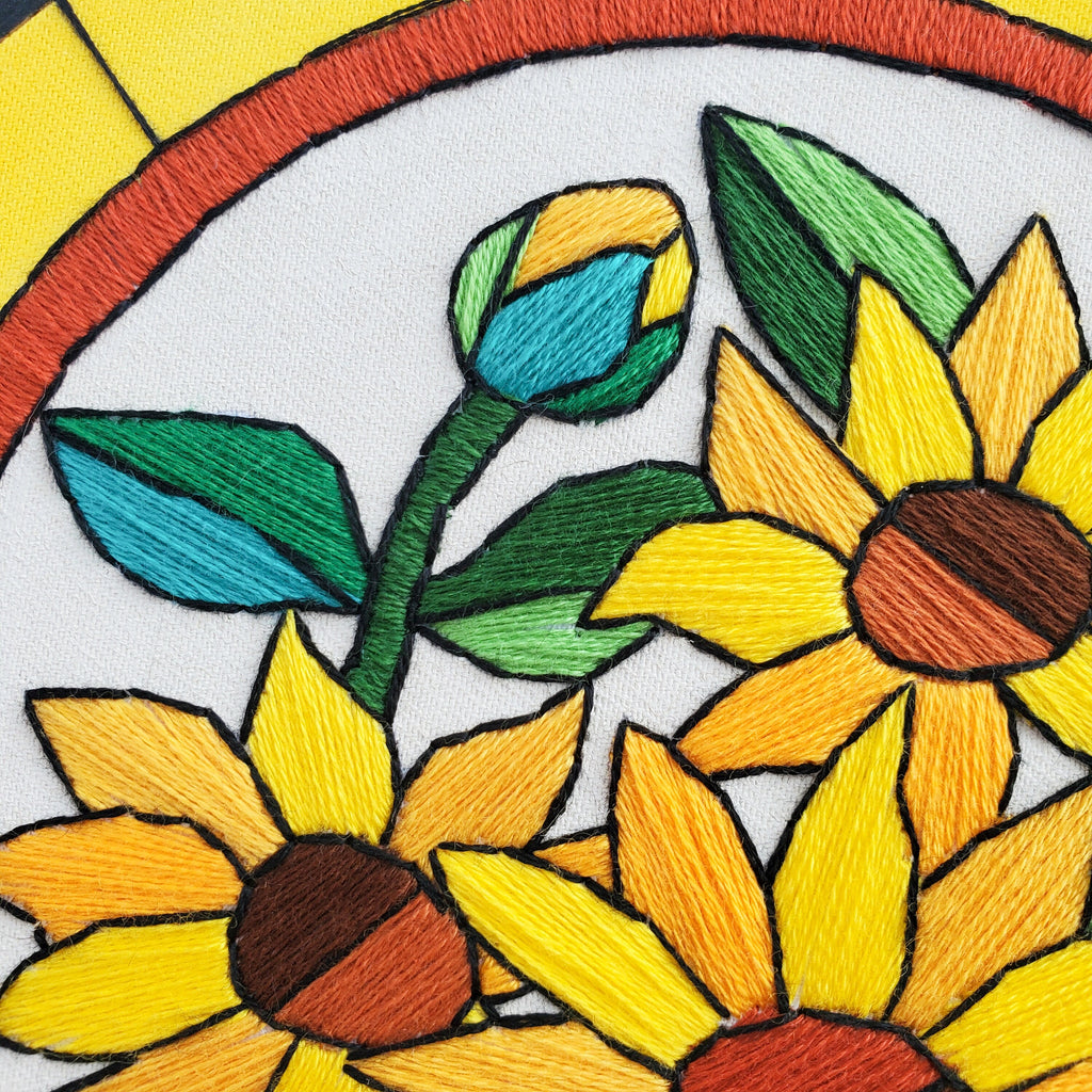 AUGUST Monthly Series Stained Glass Sunflowers- PDF Digital Download Embroidery Pattern & Guide