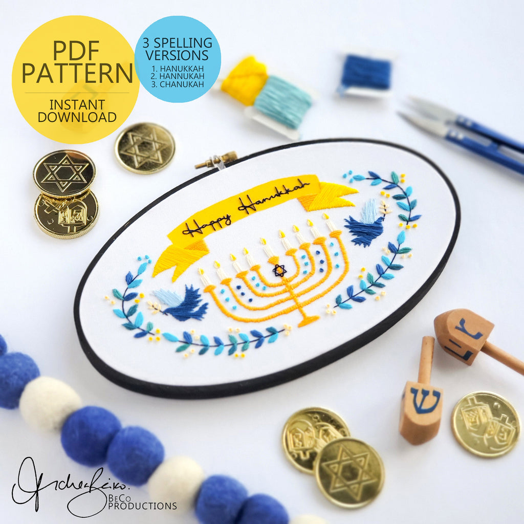 Happy Hanukkah Wreath - PDF Digital Download Embroidery Pattern & Guide