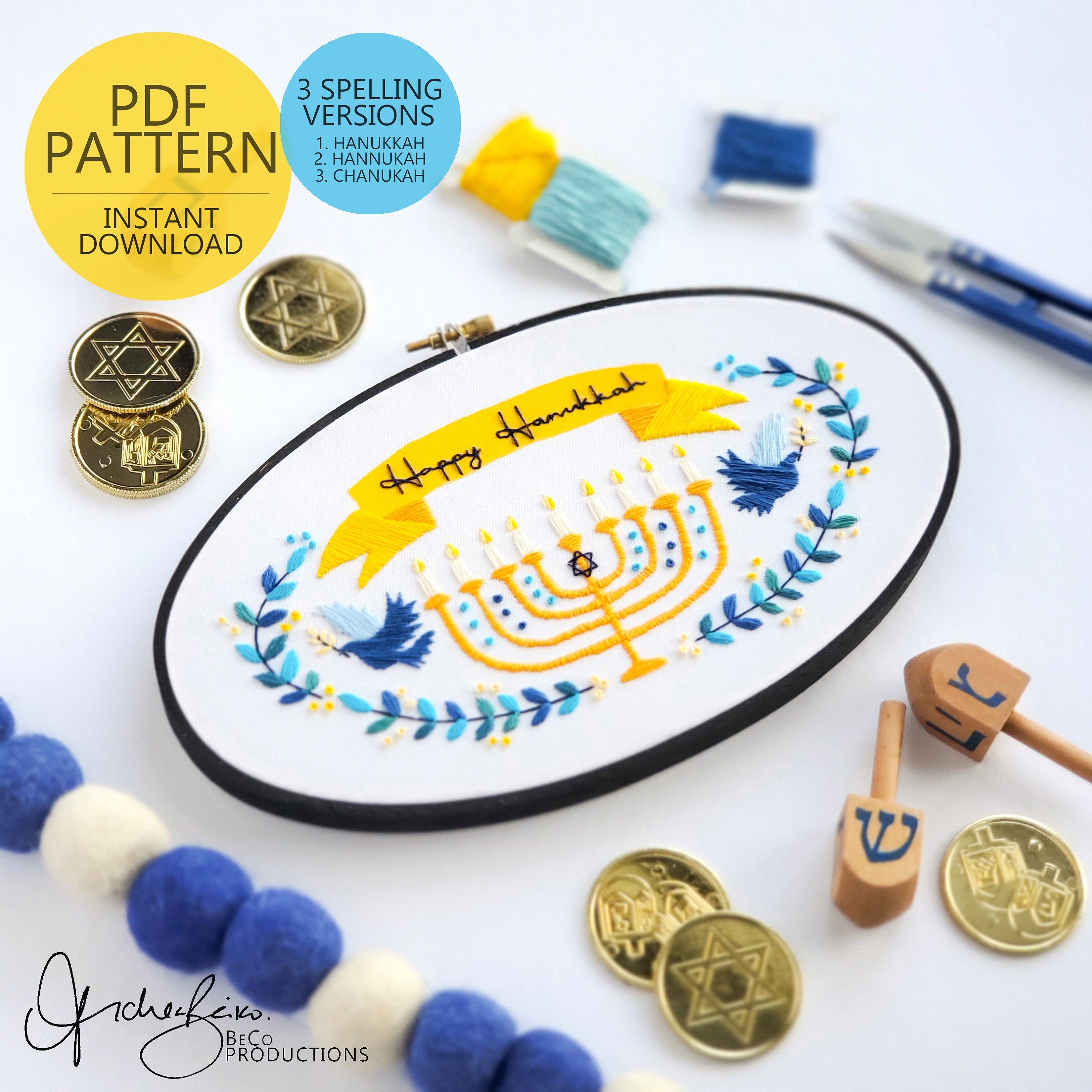 Happy Hanukkah Wreath - PDF Digital Download Embroidery Pattern & Guide