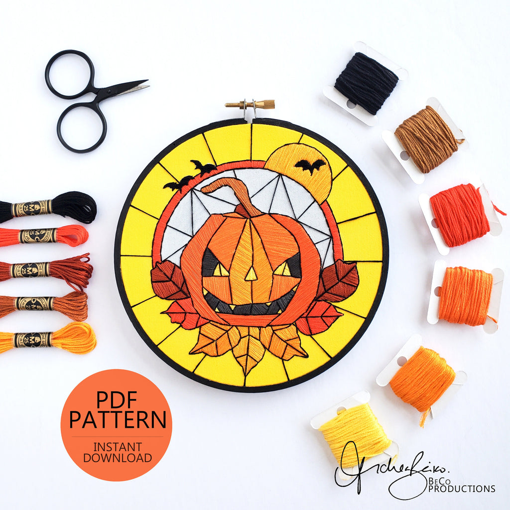 Stained Glass Halloween Jack-o-lantern - PDF Digital Download Embroidery Pattern & Guide