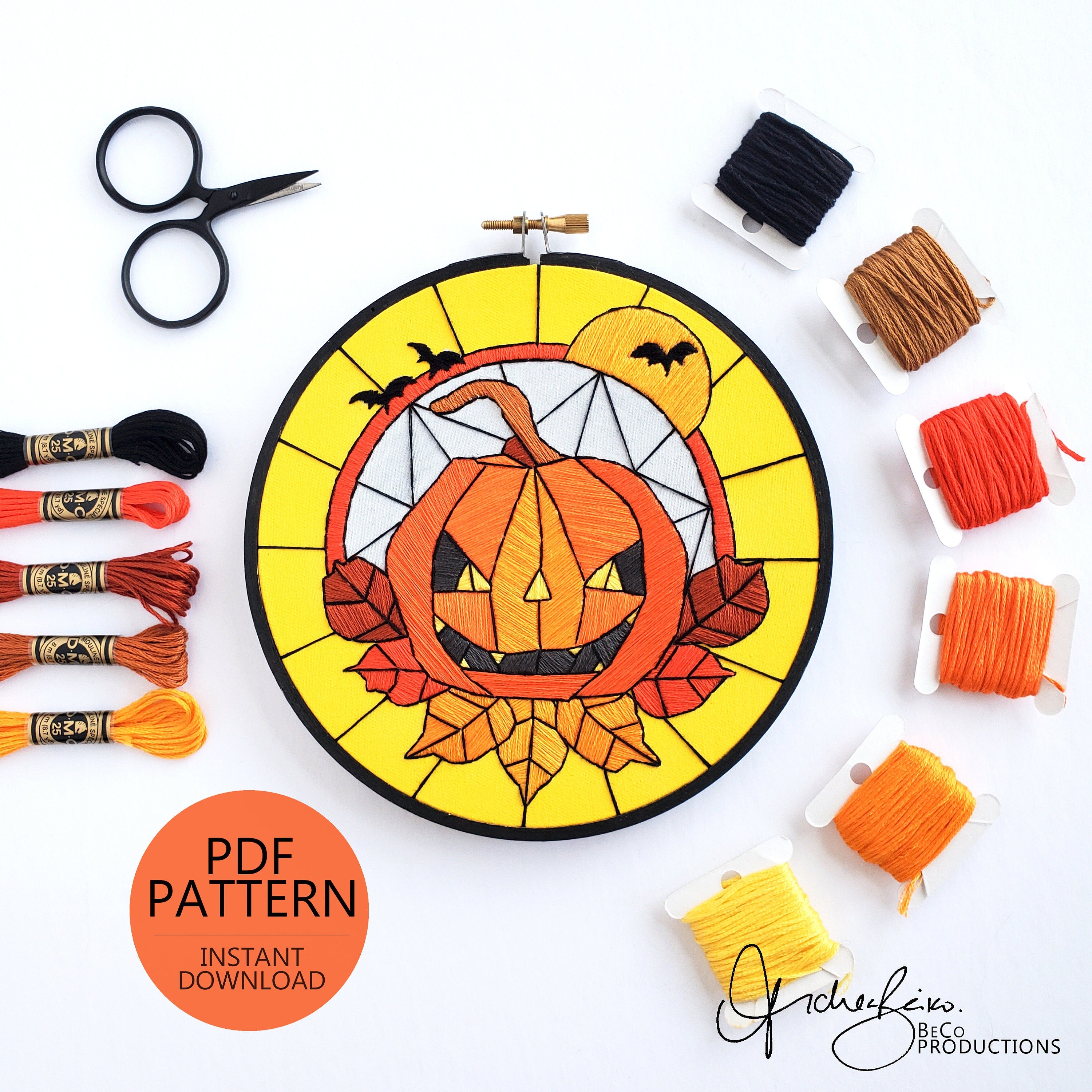 Stained Glass Halloween Jack-o-lantern - PDF Digital Download Embroidery Pattern & Guide
