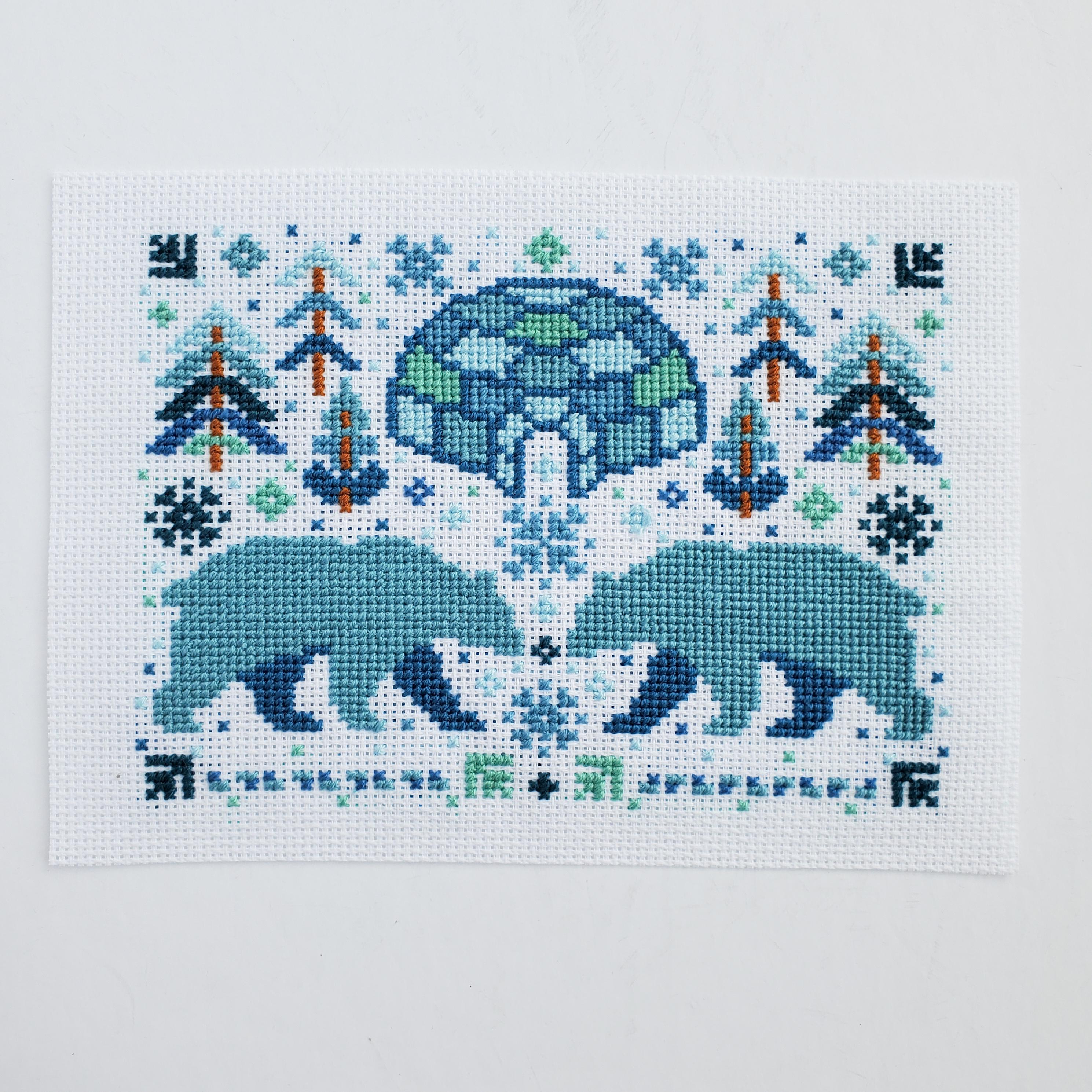 Winter Polar Bear Folk Art Scene - PDF Digital Download Cross Stitch Pattern & Guide